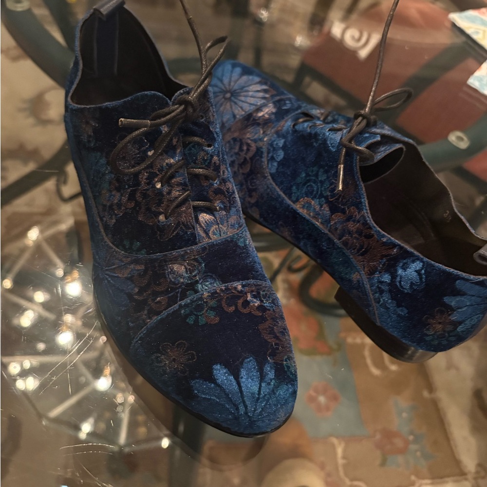 Blue Floral Velvet & Leather Oxfords by ALLBLACK
